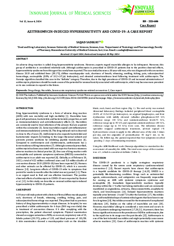 (PDF) AZITHROMYCIN-INDUCED HYPERSENSITIVITY AND COVID-19: A CASE REPORT