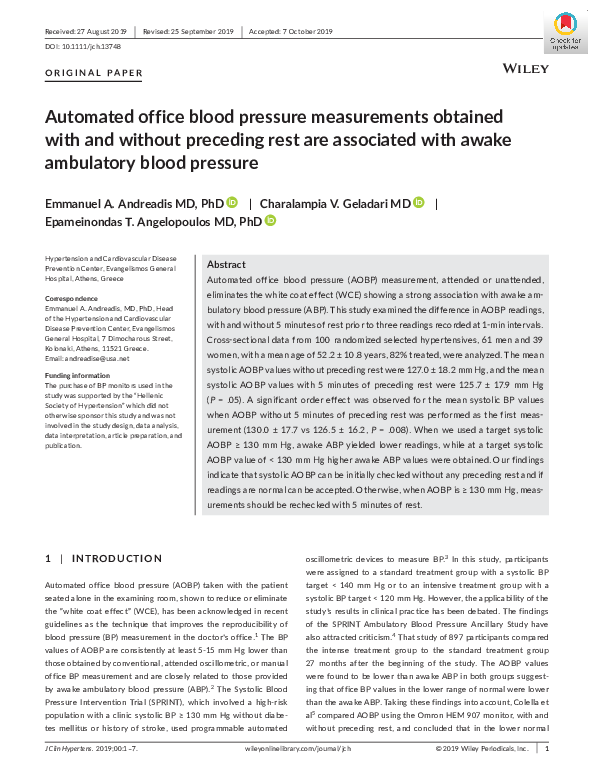 (PDF) Automated Office Blood Pressure Measurements Versus Morning Home ...