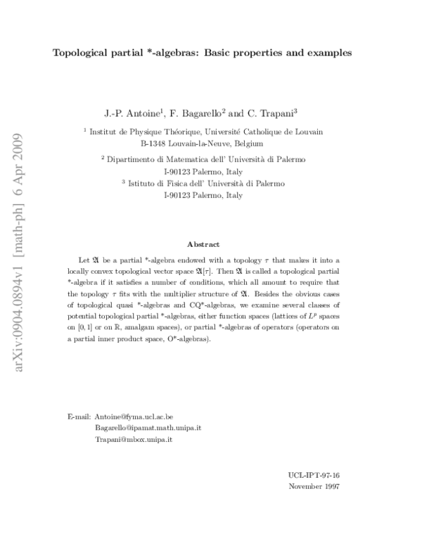 (PDF) Topological partial *-algebras: Basic properties and examples