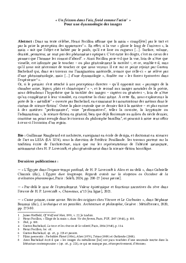 (PDF) “Un frisson dans l'air, froid comme l'acier” Pour une dynamologie ...