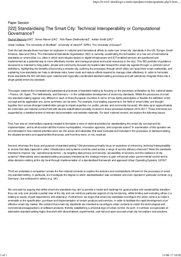 (PDF) Standardising The Smart City : Technical Interoperability or ...