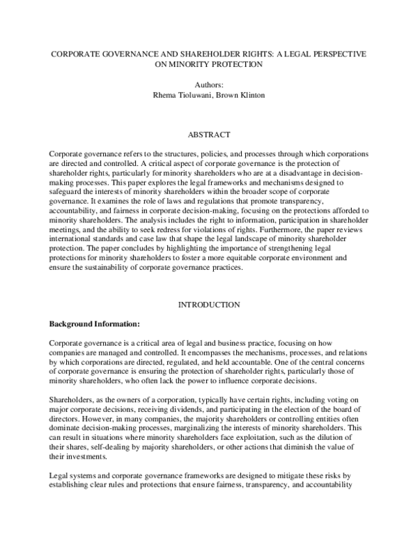 (PDF) CORPORATE GOVERNANCE AND SHAREHOLDER RIGHTS: A LEGAL PERSPECTIVE ...