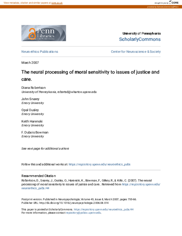 (PDF) The neural processing of moral sensitivity to issues of justice ...