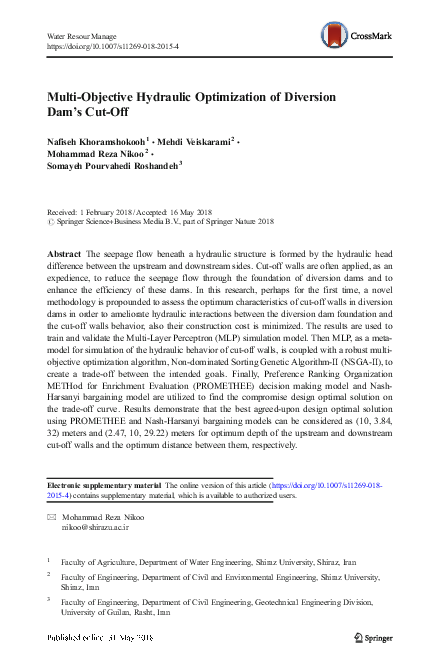 (PDF) Multi-Objective Hydraulic Optimization of Diversion Dam’s Cut-Off