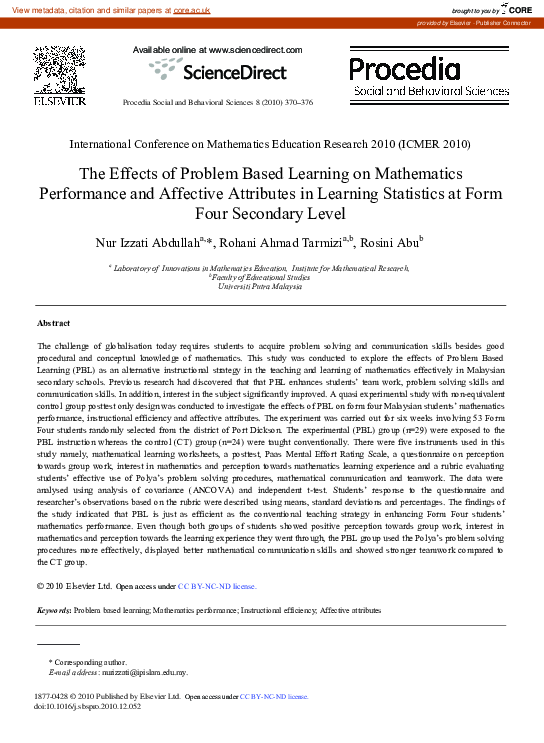 (PDF) The Effects of Problem Based Learning on Mathematics Performance ...
