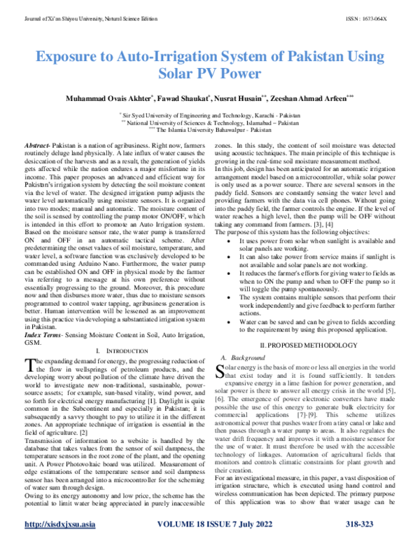 (PDF) Exposure to Auto-Irrigation System of Pakistan Using Solar PV Power