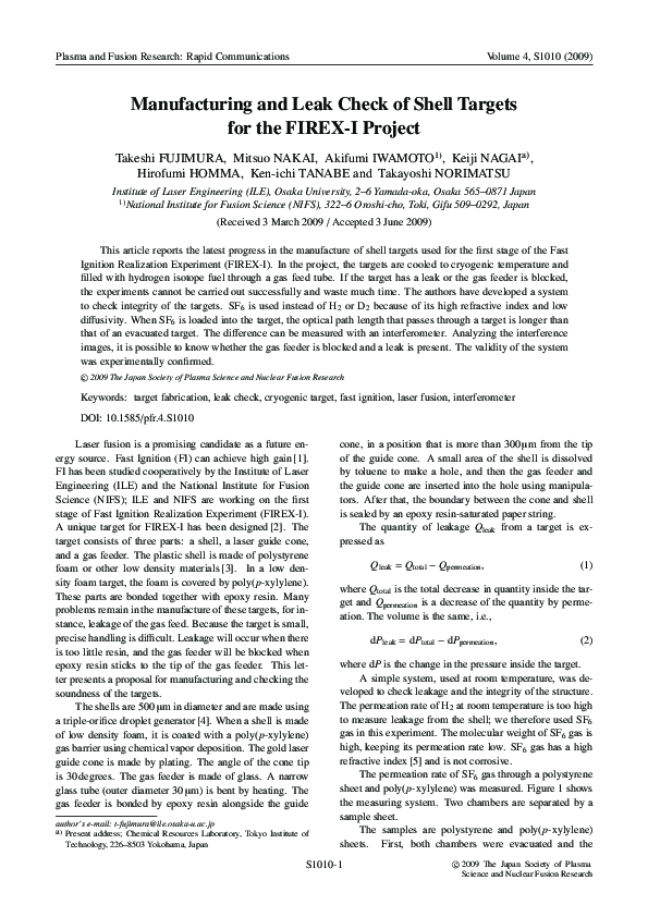 (PDF) Manufacturing and Leak Check of Shell Targets for the FIREX-I Project