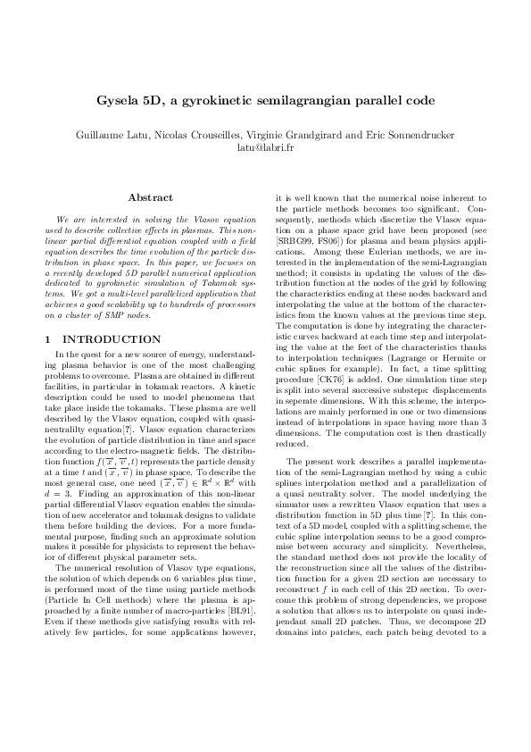 (PDF) Gysela 5D, a gyrokinetic semilagrangian parallel code