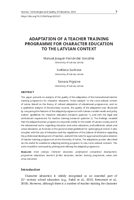 (PDF) Adaptation of a Teacher Training Programme for Character ...