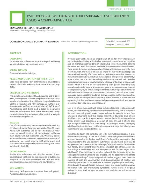 (PDF) Psychological wellbeing of adult substance users and non users: a ...