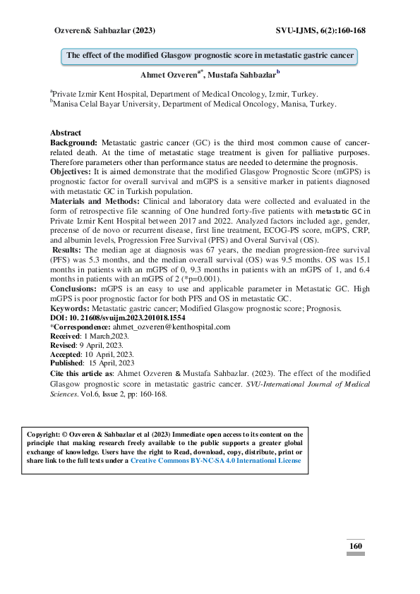(PDF) The effect of the modified Glasgow prognostic score in metastatic ...