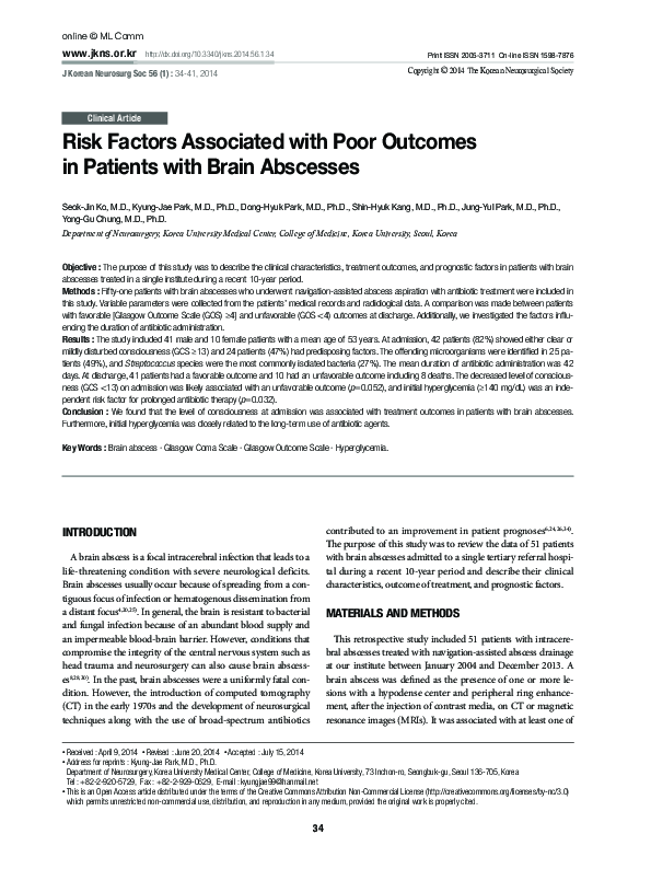 (PDF) Risk factors associated with poor outcomes in patients with brain ...