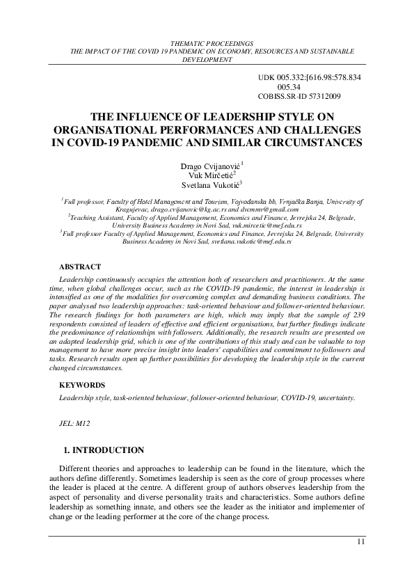 (PDF) THE INFLUENCE OF LEADERSHIP STYLE ON ORGANISATIONAL PERFORMANCES ...