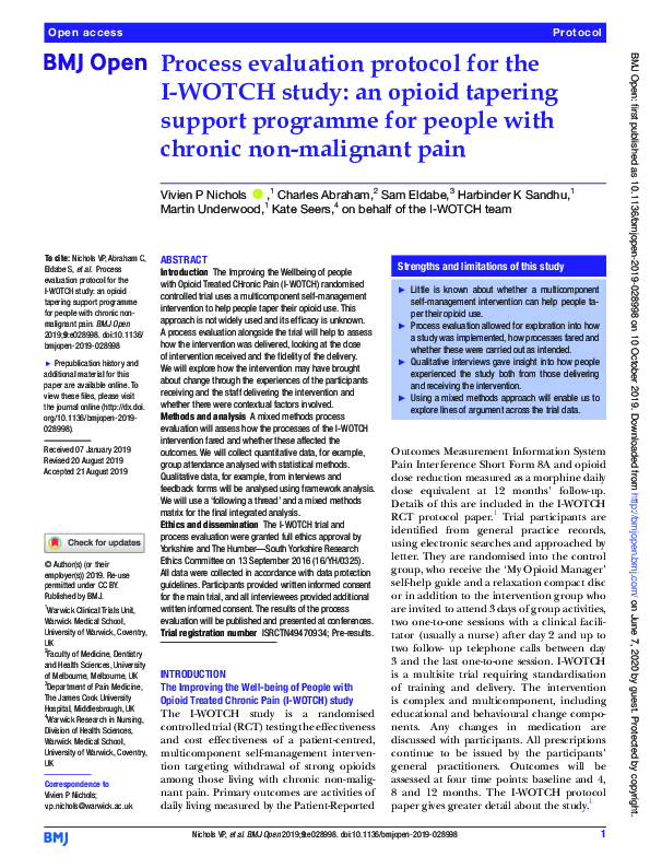 (PDF) Process evaluation protocol for the I-WOTCH study: an opioid ...