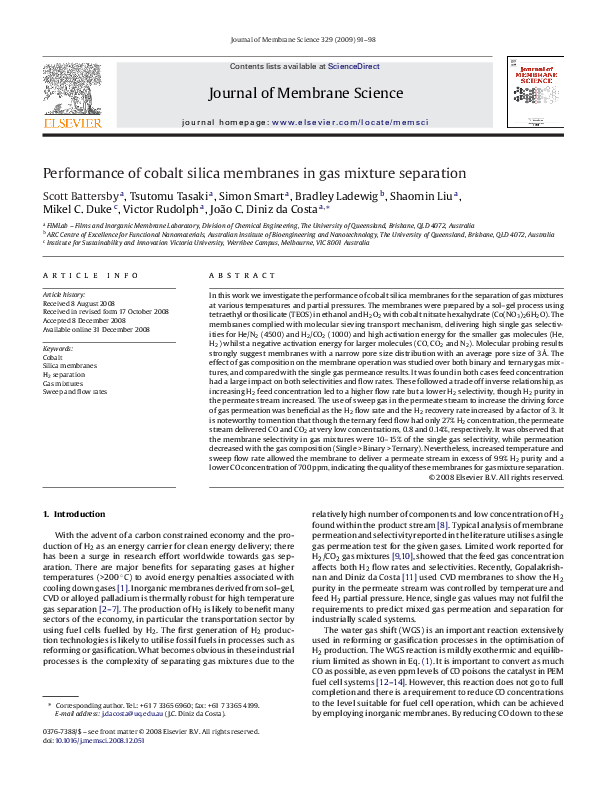 (PDF) Performance of cobalt silica membranes in gas mixture separation