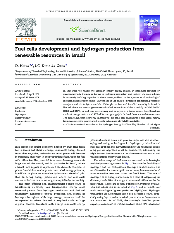(PDF) Fuel cells development and hydrogen production from renewable ...