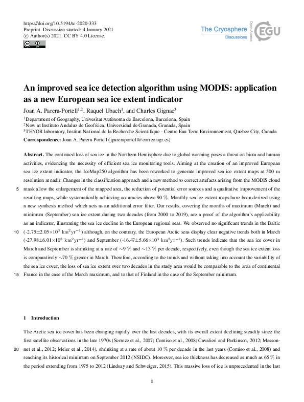 (PDF) An improved sea ice detection algorithm using MODIS: application ...