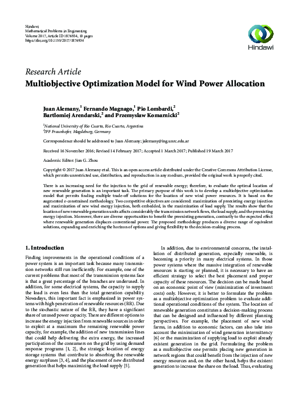 (PDF) Multiobjective Optimization Model for Wind Power Allocation