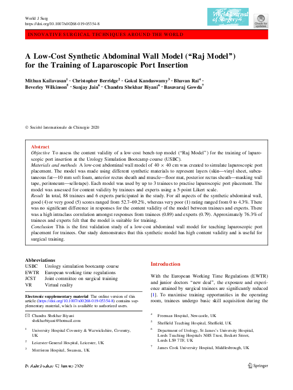 (PDF) A Low-Cost Synthetic Abdominal Wall Model (“Raj Model”) for the ...