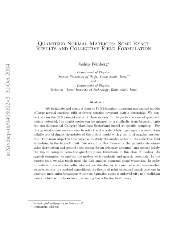 (PDF) Quantized normal matrices: some exact results and collective ...