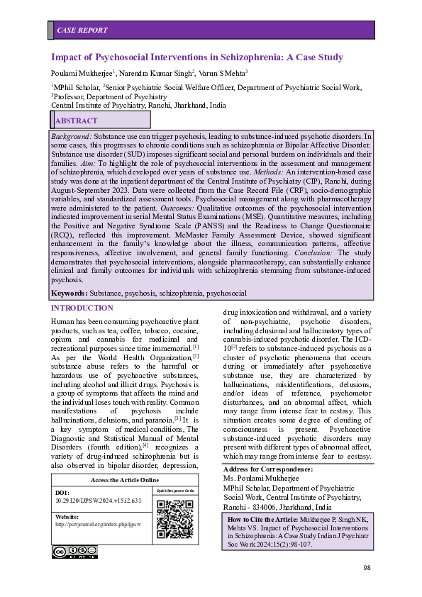 (PDF) Impact of Psychosocial Interventions in Schizophrenia: A Case Study