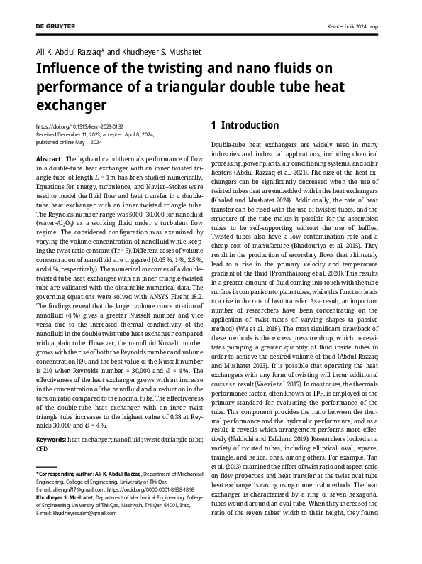 (PDF) Influence of the twisting and nano fluids on performance of a ...