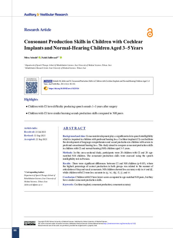 (PDF) Consonant Production Skills in Children with Cochlear Implants ...