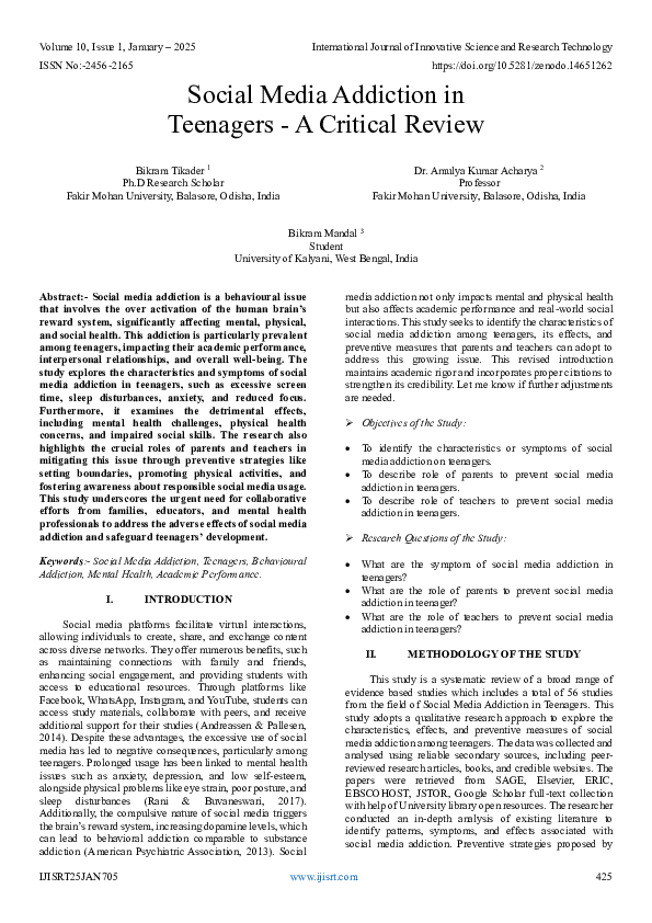 (PDF) Social Media Addiction in Teenagers - A Critical Review