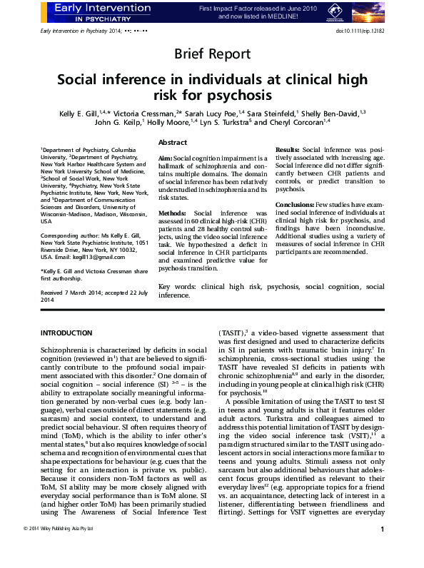 (PDF) Social inference in individuals at clinical high risk for psychosis