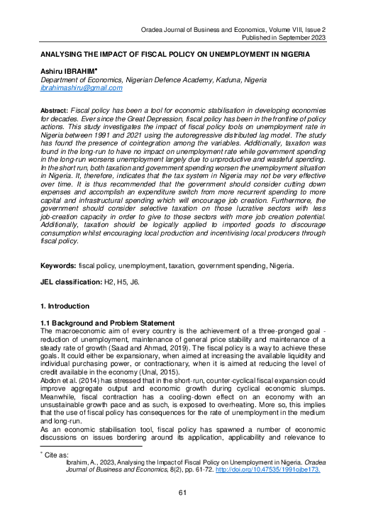 (PDF) Analysing the Impact of Fiscal Policy on Unemployment in Nigeria