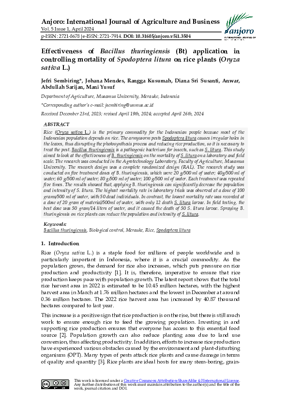 (PDF) Effectiveness of Bacillus thuringiensis (Bt) application in ...
