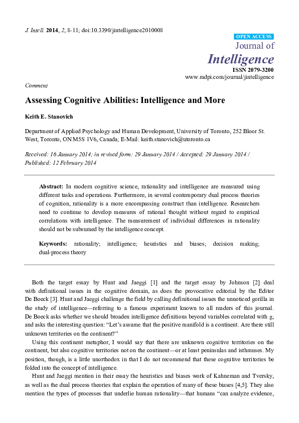 (PDF) Assessing Cognitive Abilities: Intelligence and More