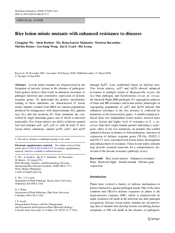 (PDF) Rice lesion mimic mutants with enhanced resistance to diseases