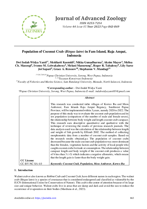 (PDF) Population of Coconut Crab (Birgus latro) in Fam Island, Raja ...