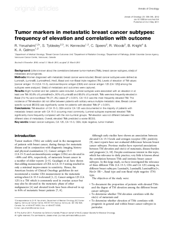 (PDF) Tumor markers in metastatic breast cancer subtypes: frequency of ...