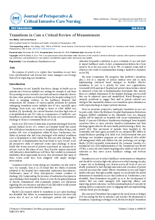 (PDF) Transitions in Care a Critical Review of Measurement