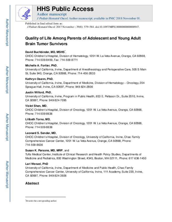 (PDF) Quality of Life Among Parents of Adolescent and Young Adult Brain ...