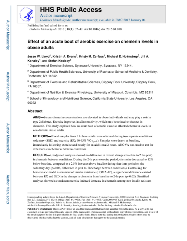(PDF) Effect of an acute bout of aerobic exercise on chemerin levels in ...