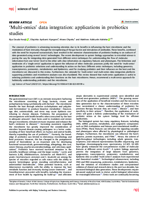 (PDF) ‘Multi-omics’ data integration: applications in probiotics studies