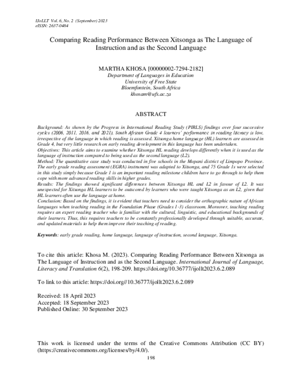 (PDF) Comparing Reading Performance Between Xitsonga as The Language of ...