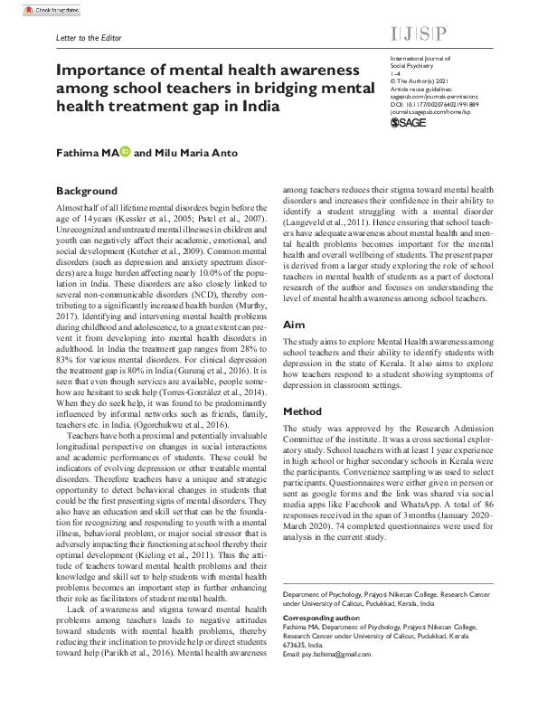 (PDF) Importance of mental health awareness among school teachers in ...