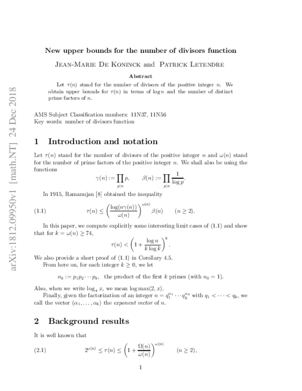 (PDF) New upper bounds for the number of divisors function