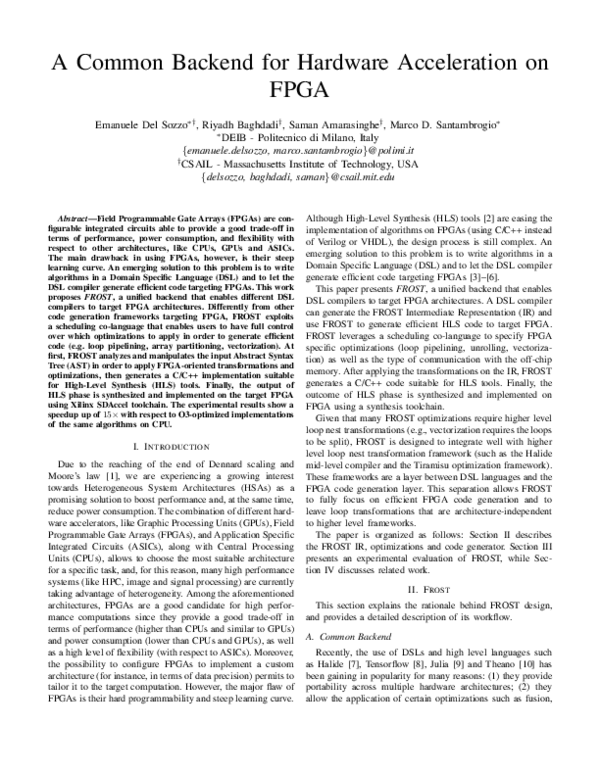 (PDF) A Common Backend for Hardware Acceleration on FPGA