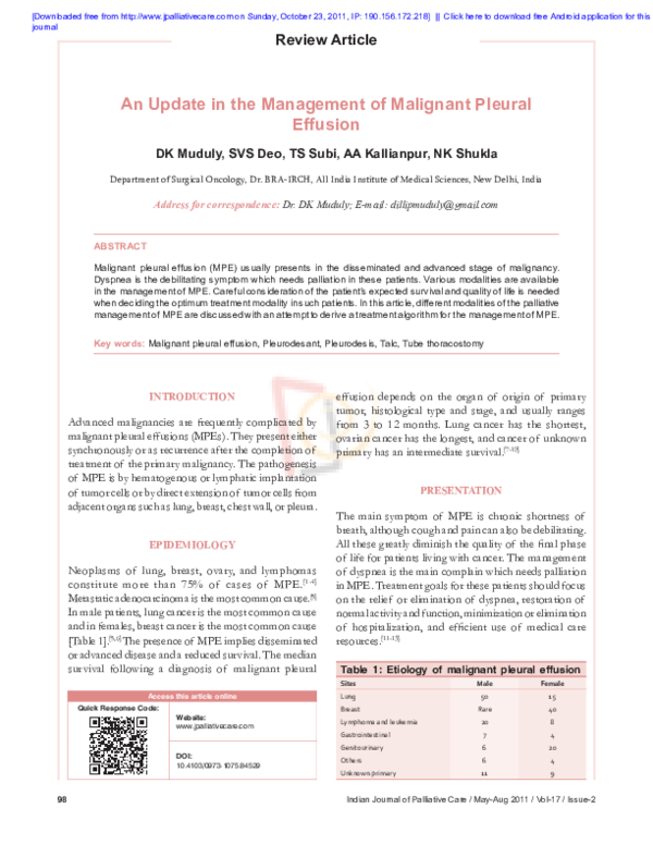 (PDF) An update in the management of malignant pleural effusion