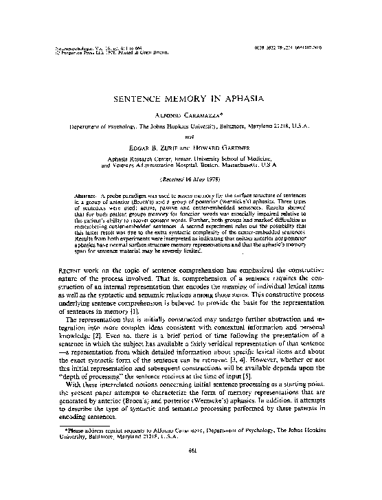 (PDF) Sentence memory in aphasia