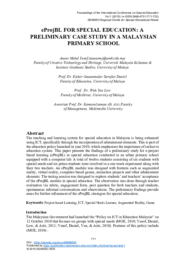 (PDF) eProjBL FOR SPECIAL EDUCATION: A PRELIMINARY CASE STUDY IN A ...