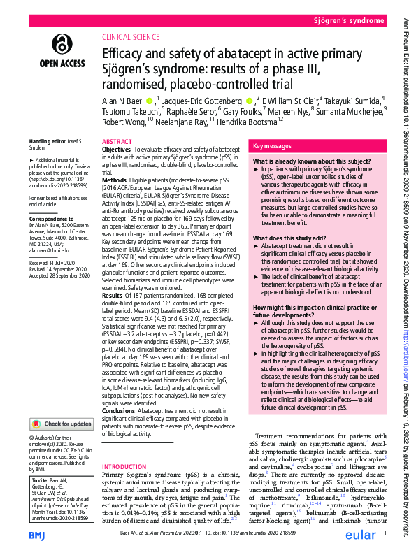 (PDF) Efficacy and safety of abatacept in active primary Sjögren’s ...