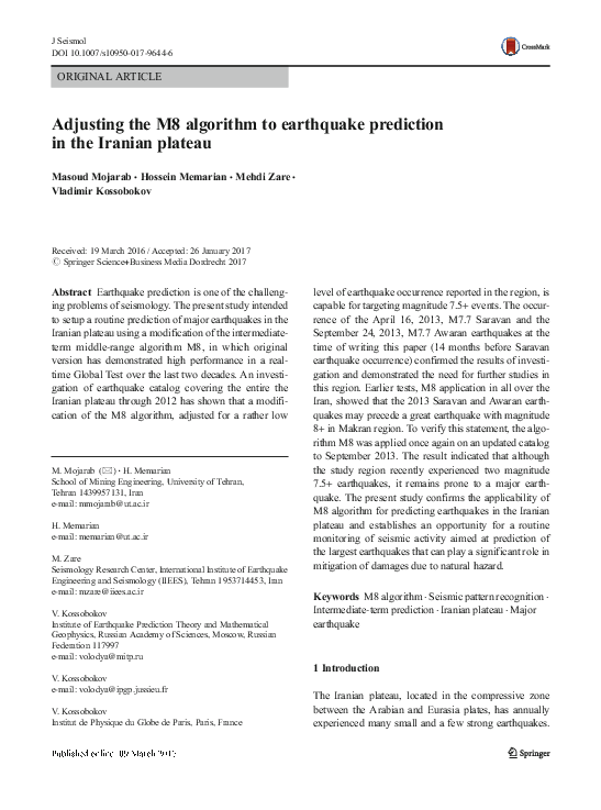 (PDF) Adjusting the M8 algorithm to earthquake prediction in the ...