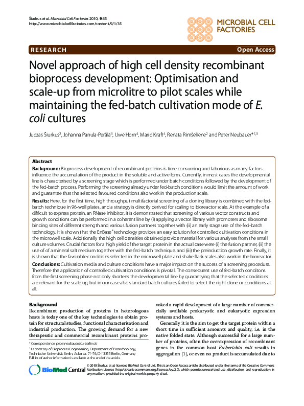 (PDF) Novel approach of high cell density recombinant bioprocess ...
