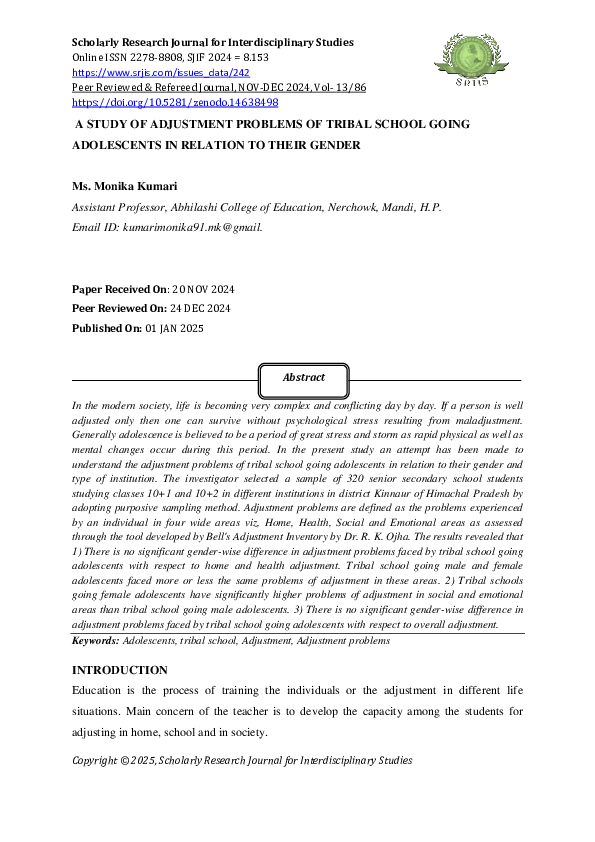 (PDF) A STUDY OF ADJUSTMENT PROBLEMS OF TRIBAL SCHOOL GOING ADOLESCENTS ...